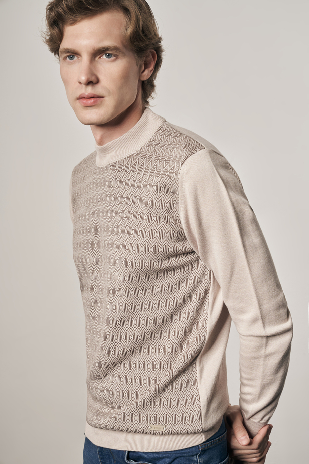 Bej Yarım Balıkçı Yaka Uzun Kol Cepsiz Comfort Fit Pamuklu Triko Kazak 1012255219