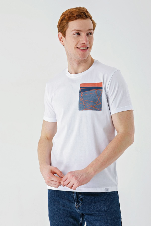Beyaz Baskılı Bez Ayağı Bisiklet Yaka %100 Pamuk Casual Slim Fit Dar Kesim Tişört 1011240169