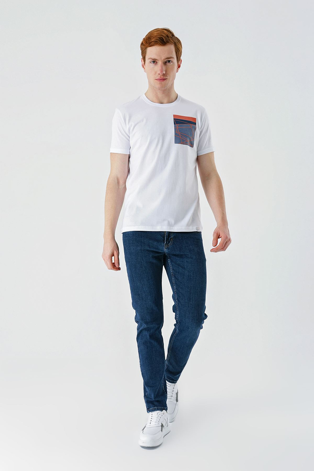 Beyaz Baskılı Bez Ayağı Bisiklet Yaka %100 Pamuk Casual Slim Fit Dar Kesim Tişört 1011240169