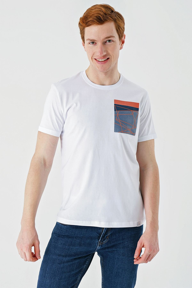 Beyaz Baskılı Bez Ayağı Bisiklet Yaka %100 Pamuk Casual Slim Fit Dar Kesim Tişört 1011240169