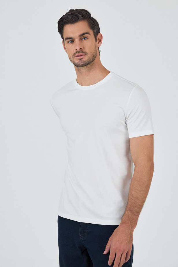 Beyaz Kısa Kol Bisiklet Yaka Cepsiz Pamuklu Casual Slim Fit Tişört 1011250165