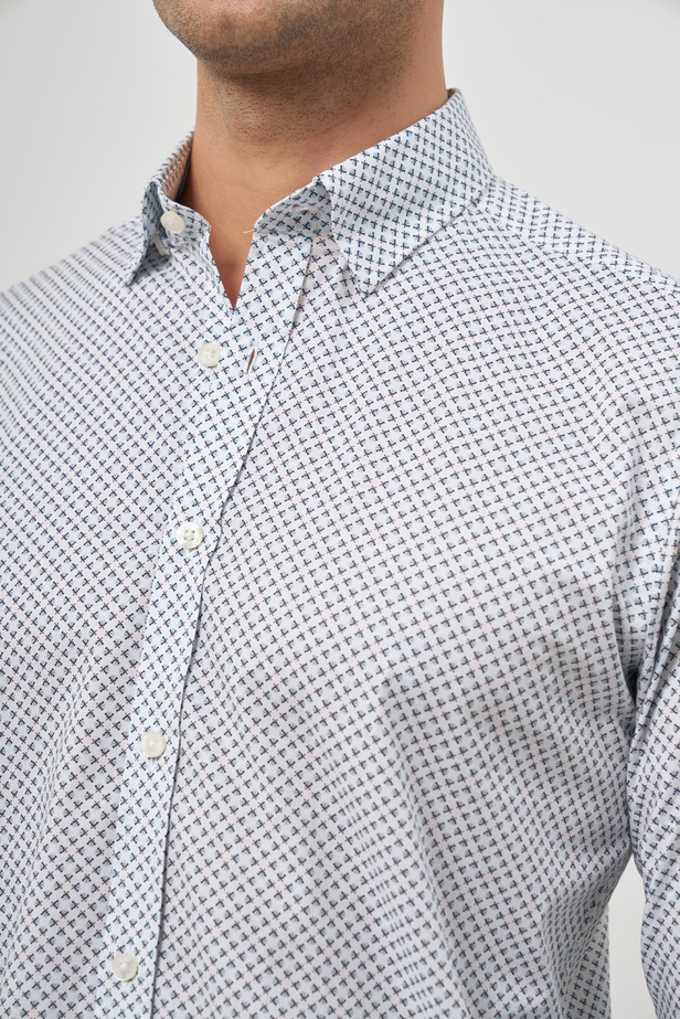 Beyaz Uzun Kol Baskılı Bez Ayağı Perfectto Alttan Biritli Yaka Cepsiz Pamuklu Classic Slim Fit Gömlek 1004240259