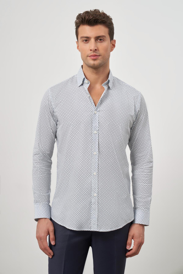 Beyaz Uzun Kol Baskılı Bez Ayağı Perfectto Alttan Biritli Yaka Cepsiz Pamuklu Classic Slim Fit Gömlek 1004240259