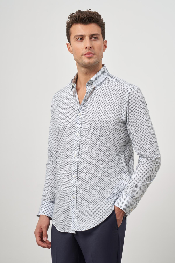 Beyaz Uzun Kol Baskılı Bez Ayağı Perfectto Alttan Biritli Yaka Cepsiz Pamuklu Classic Slim Fit Gömlek 1004240259
