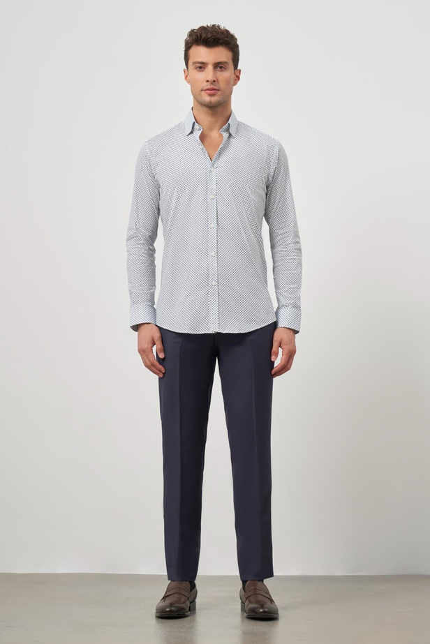 Beyaz Uzun Kol Baskılı Bez Ayağı Perfectto Alttan Biritli Yaka Cepsiz Pamuklu Classic Slim Fit Gömlek 1004240259