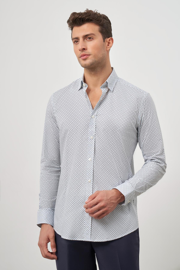 Beyaz Uzun Kol Baskılı Bez Ayağı Perfectto Alttan Biritli Yaka Cepsiz Pamuklu Classic Slim Fit Gömlek 1004240259