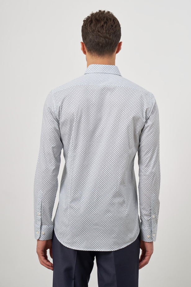 Beyaz Uzun Kol Baskılı Bez Ayağı Perfectto Alttan Biritli Yaka Cepsiz Pamuklu Classic Slim Fit Gömlek 1004240259