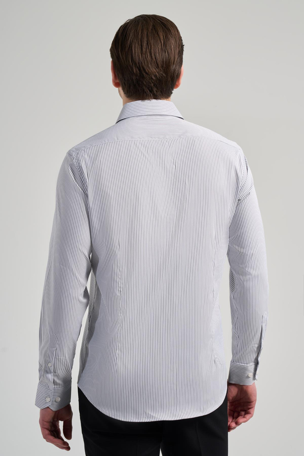 Beyaz Uzun Kol Çizgili Desen Bez Ayağı Yarım İtalyan Yaka Cepsiz esnek Classic Slim Fit Gömlek 1004245218