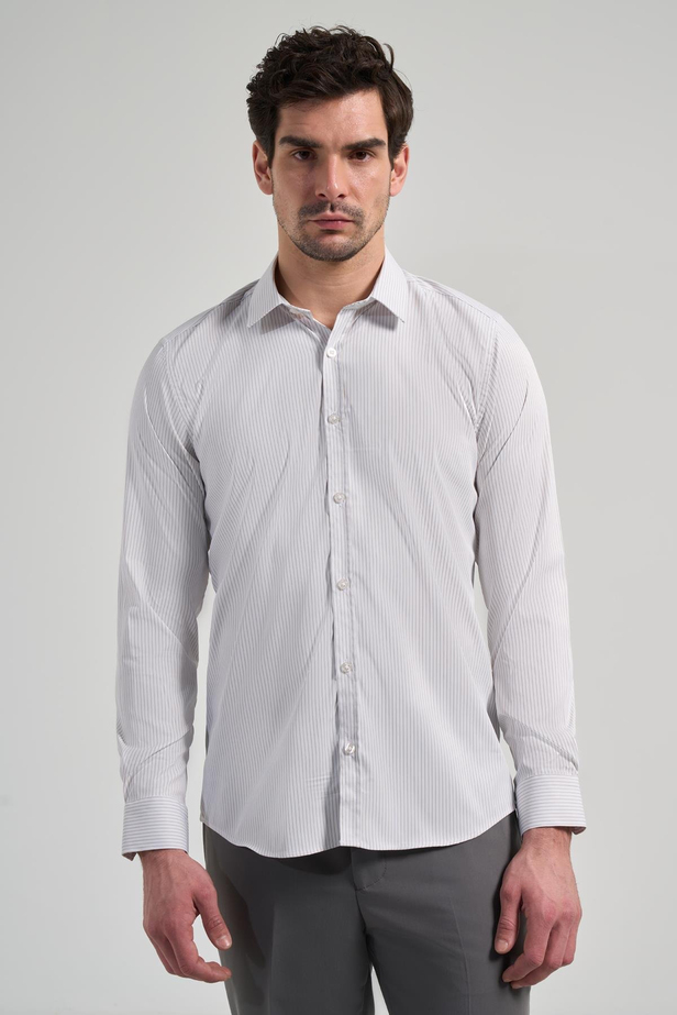 Beyaz Uzun Kol Çizgili Desen Bez Ayağı Yarım İtalyan Yaka Cepsiz esnek Classic Slim Fit Gömlek 1004245218