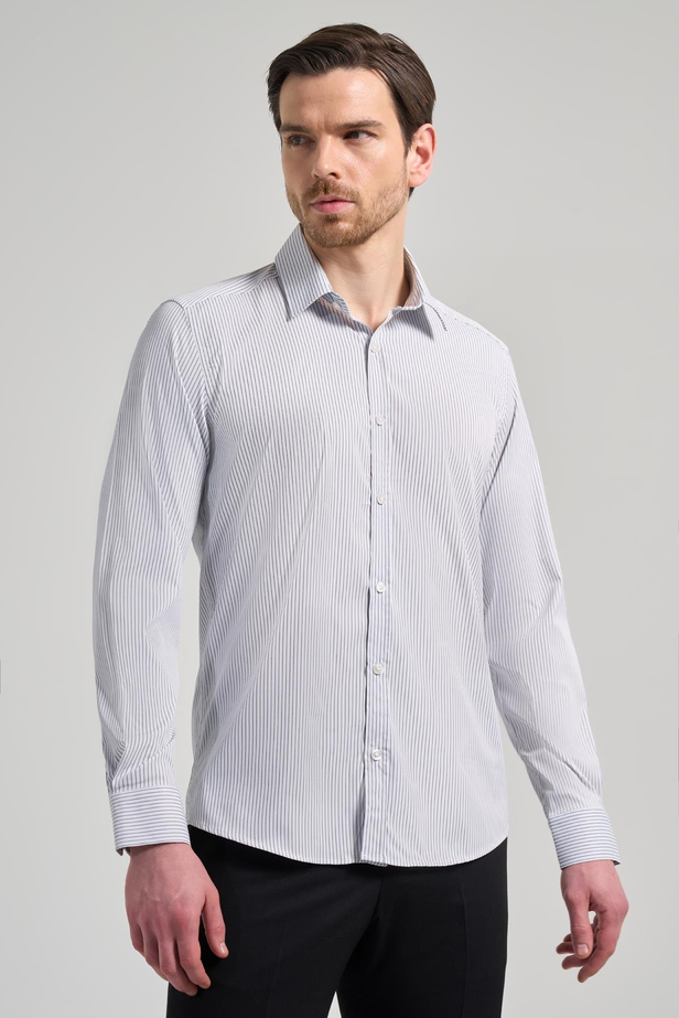 Beyaz Uzun Kol Çizgili Desen Bez Ayağı Yarım İtalyan Yaka Cepsiz esnek Classic Slim Fit Gömlek 1004245218