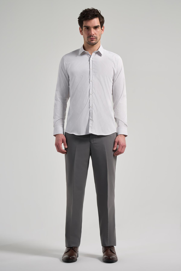 Beyaz Uzun Kol Çizgili Desen Bez Ayağı Yarım İtalyan Yaka Cepsiz esnek Classic Slim Fit Gömlek 1004245218