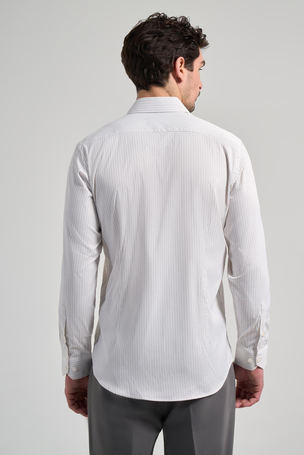 Beyaz Uzun Kol Çizgili Desen Bez Ayağı Yarım İtalyan Yaka Cepsiz esnek Classic Slim Fit Gömlek 1004245220