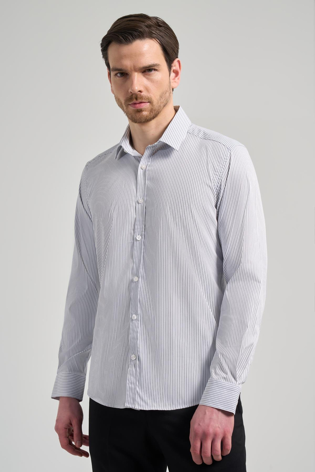 Beyaz Uzun Kol Çizgili Desen Bez Ayağı Yarım İtalyan Yaka Cepsiz esnek Classic Slim Fit Gömlek 1004245218