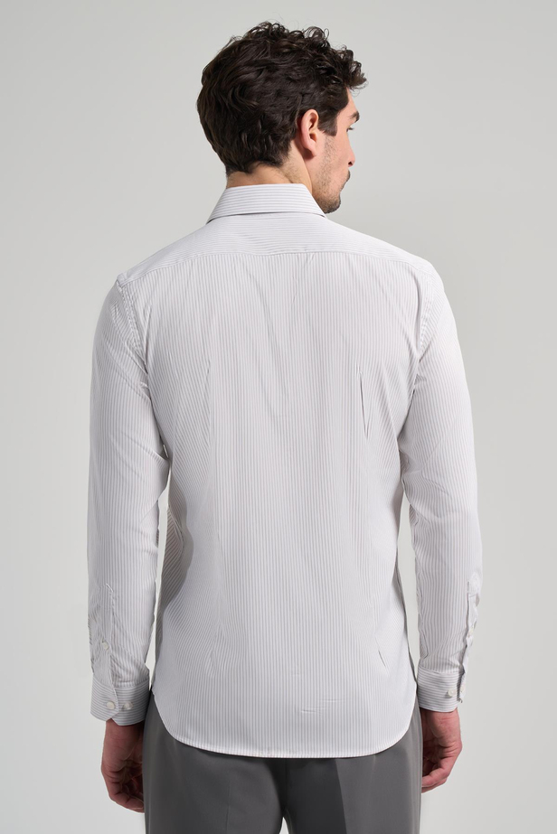 Beyaz Uzun Kol Çizgili Desen Bez Ayağı Yarım İtalyan Yaka Cepsiz esnek Classic Slim Fit Gömlek 1004245218
