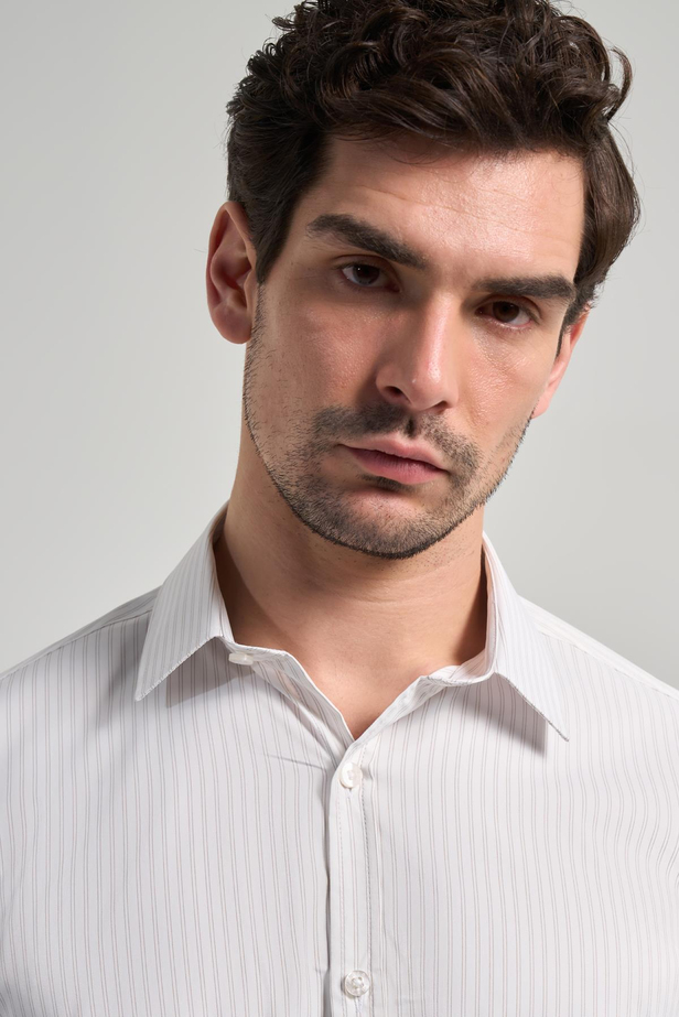 Beyaz Uzun Kol Çizgili Desen Bez Ayağı Yarım İtalyan Yaka Cepsiz esnek Classic Slim Fit Gömlek 1004245220