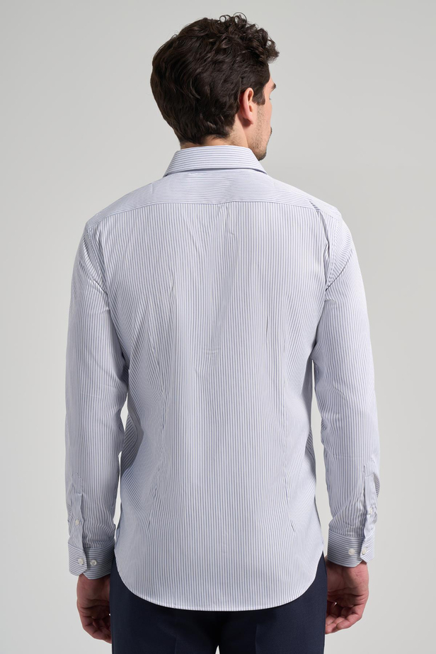 Beyaz Uzun Kol Çizgili Desen Bez Ayağı Yarım İtalyan Yaka Cepsiz esnek Classic Slim Fit Gömlek 1004245218