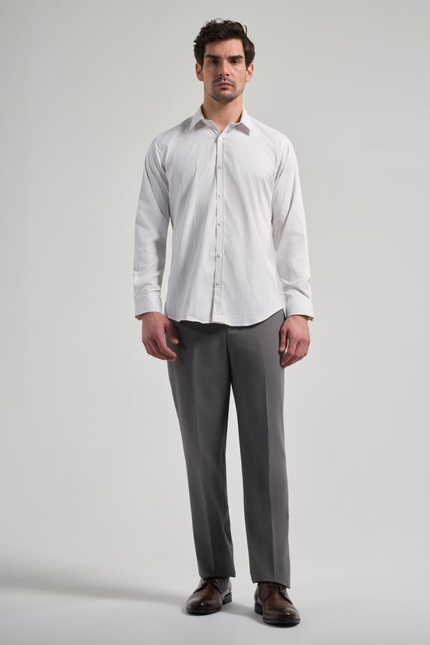 Beyaz Uzun Kol Çizgili Desen Bez Ayağı Yarım İtalyan Yaka Cepsiz esnek Classic Slim Fit Gömlek 1004245220