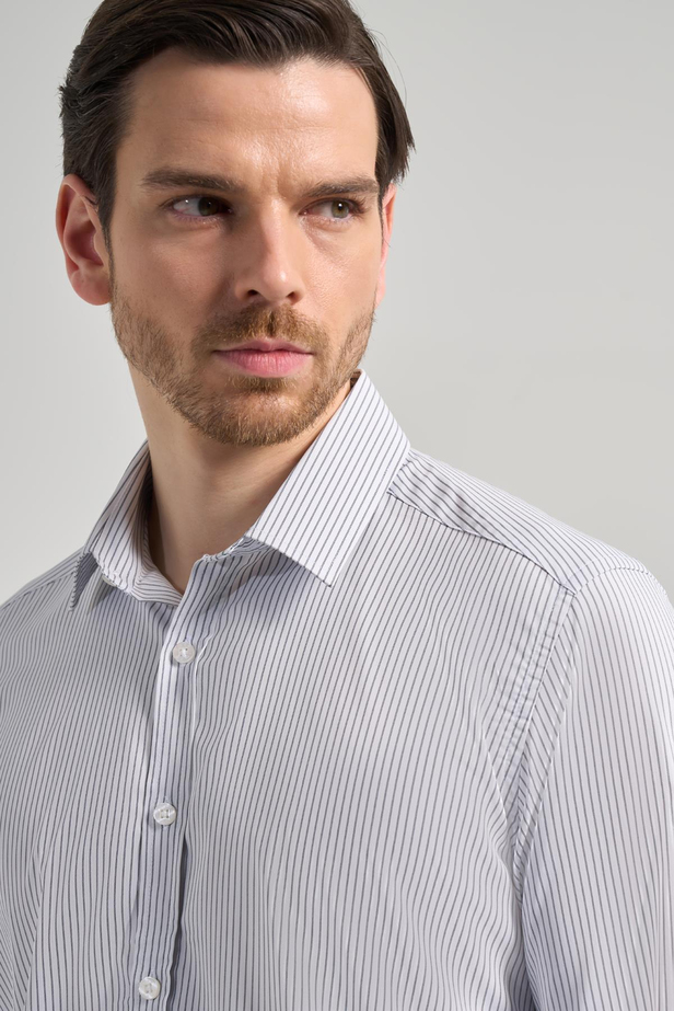 Beyaz Uzun Kol Çizgili Desen Bez Ayağı Yarım İtalyan Yaka Cepsiz esnek Classic Slim Fit Gömlek 1004245218