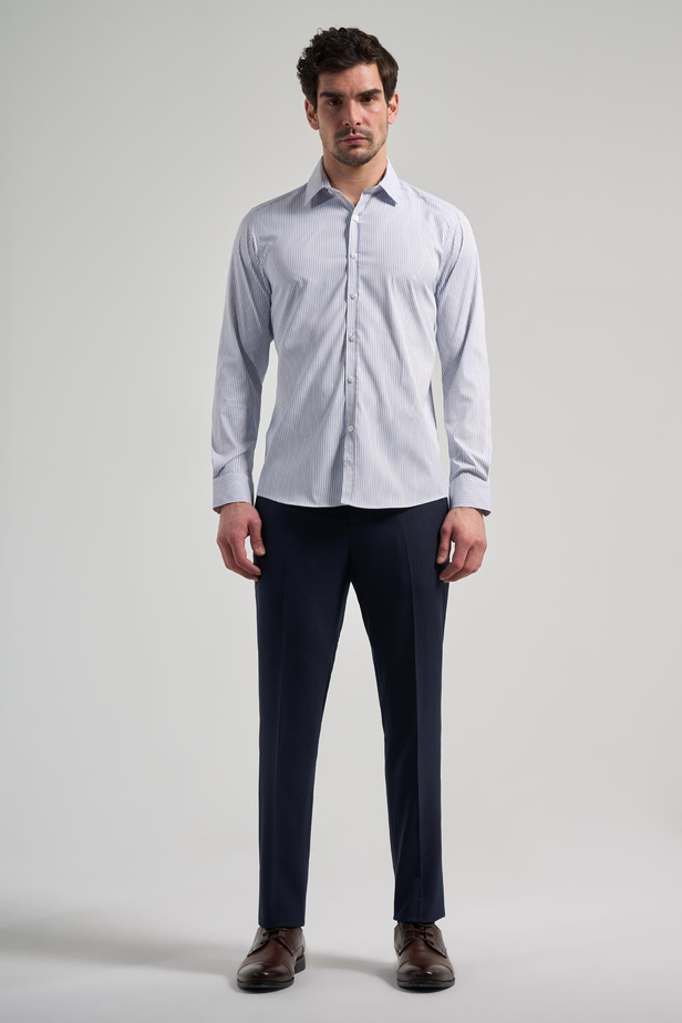 Beyaz Uzun Kol Çizgili Desen Bez Ayağı Yarım İtalyan Yaka Cepsiz esnek Classic Slim Fit Gömlek 1004245218