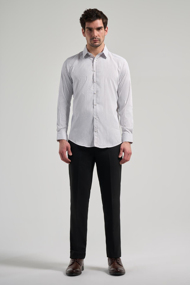 Beyaz Uzun Kol Çizgili Desen Bez Ayağı Yarım İtalyan Yaka Cepsiz esnek Classic Slim Fit Gömlek 1004245220