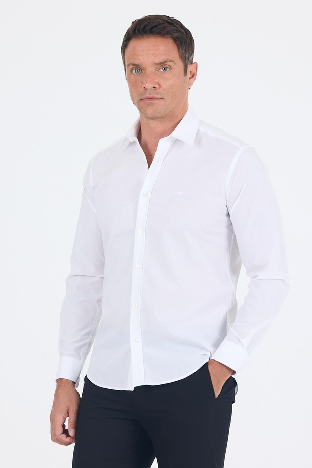 Beyaz Uzun Kol Filafil Desen Filafil Sert Yaka Cepsiz Pamuklu Basic Slim Fit Gömlek 1004250008_600