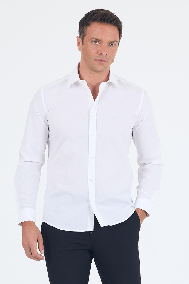 Beyaz Uzun Kol Filafil Desen Filafil Sert Yaka Cepsiz Pamuklu Basic Slim Fit Gömlek 1004250008_600