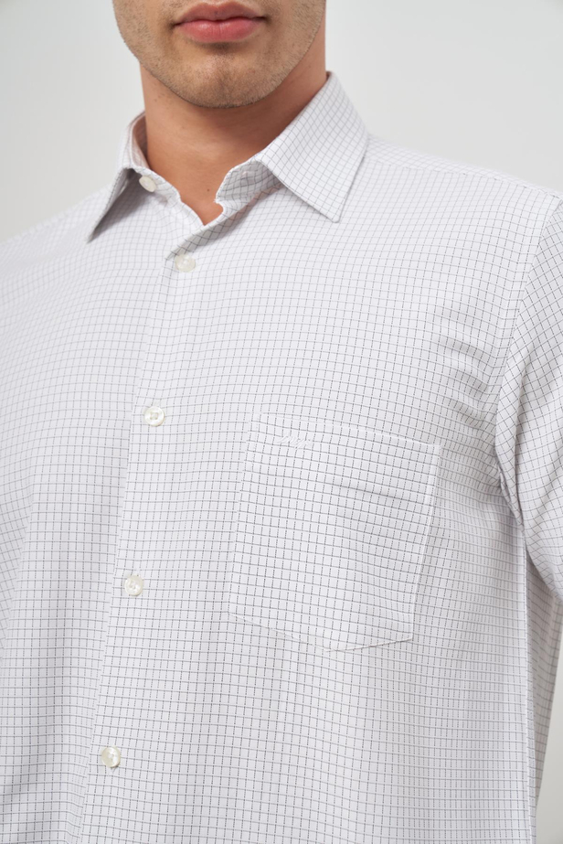Beyaz Uzun Kol Kareli Desen Bez Ayağı Sert Yaka Cepli Pamuklu Classic Comfort Fit Gömlek 1004245158
