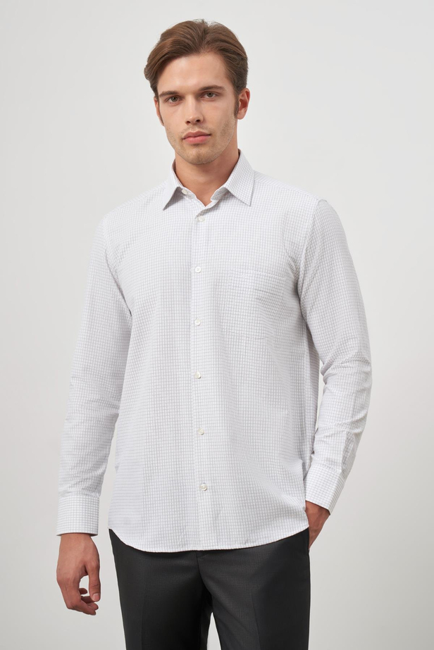 Beyaz Uzun Kol Kareli Desen Bez Ayağı Sert Yaka Cepli Pamuklu Classic Comfort Fit Gömlek 1004245158