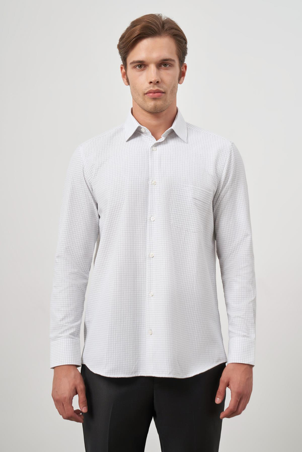 Beyaz Uzun Kol Kareli Desen Bez Ayağı Sert Yaka Cepli Pamuklu Classic Comfort Fit Gömlek 1004245158