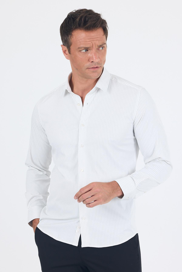 Beyaz Uzun Kol Sert Yaka Cepsiz Easy To Iron Slim Fit Esnek Gömlek 1004250230