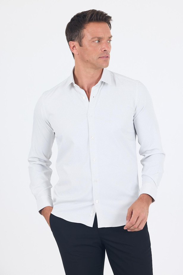 Beyaz Uzun Kol Sert Yaka Cepsiz Easy To Iron Slim Fit Esnek Gömlek 1004250233
