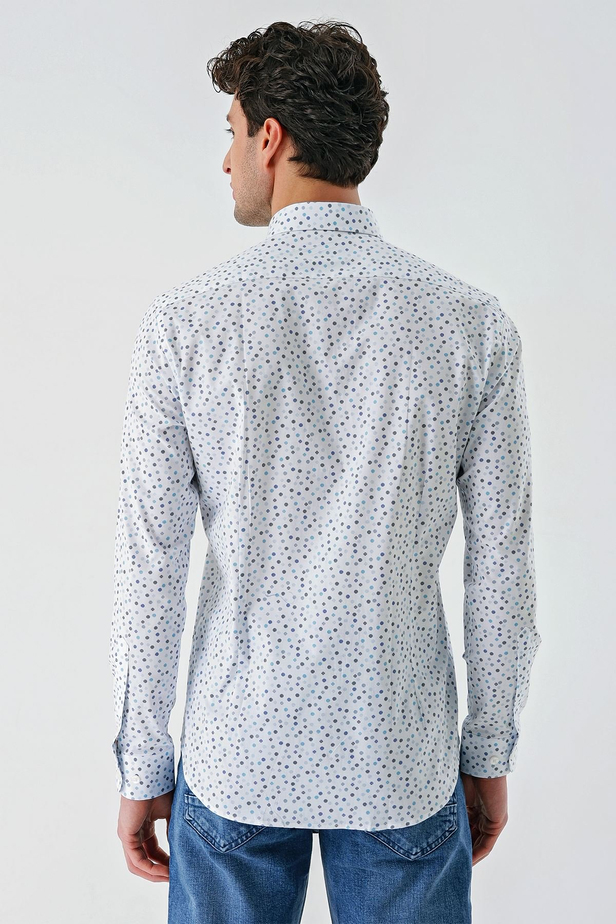 Beyaz Uzun Kollu Baskılı Biritli Yaka Cepsiz Pamuklu Klasik Slim Fit Dar Kesim Gömlek 1004240216