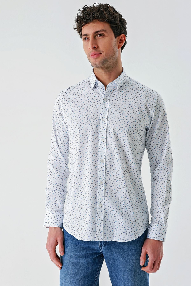 Beyaz Uzun Kollu Baskılı Biritli Yaka Cepsiz Pamuklu Klasik Slim Fit Dar Kesim Gömlek 1004240216