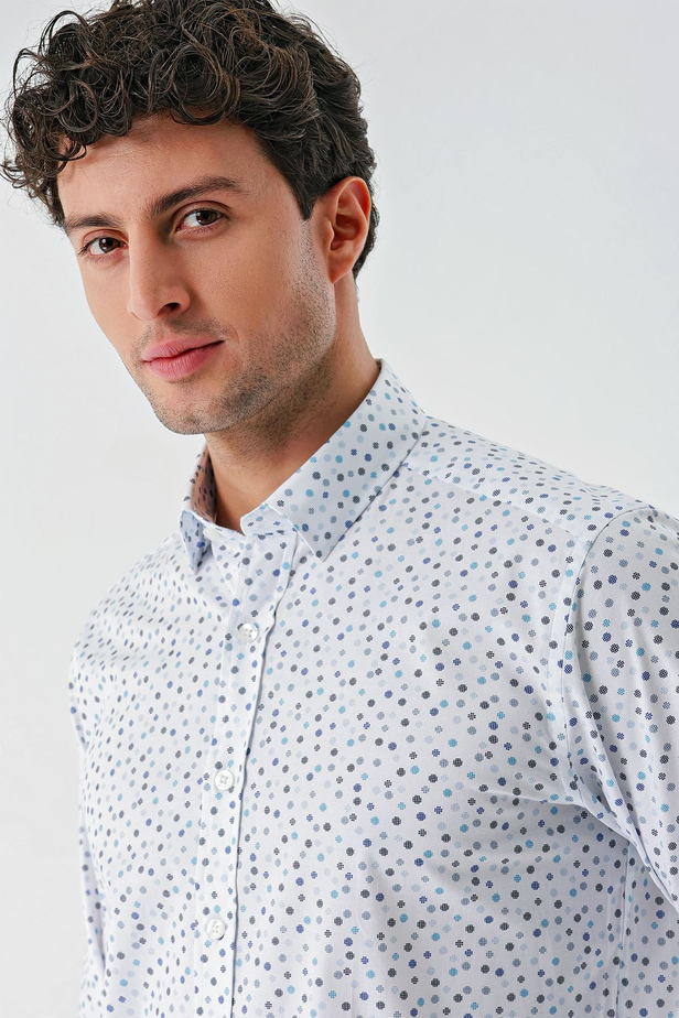 Beyaz Uzun Kollu Baskılı Biritli Yaka Cepsiz Pamuklu Klasik Slim Fit Dar Kesim Gömlek 1004240216