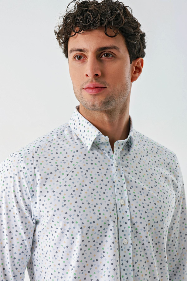 Beyaz Uzun Kollu Baskılı Biritli Yaka Cepsiz Pamuklu Klasik Slim Fit Dar Kesim Gömlek 1004240216