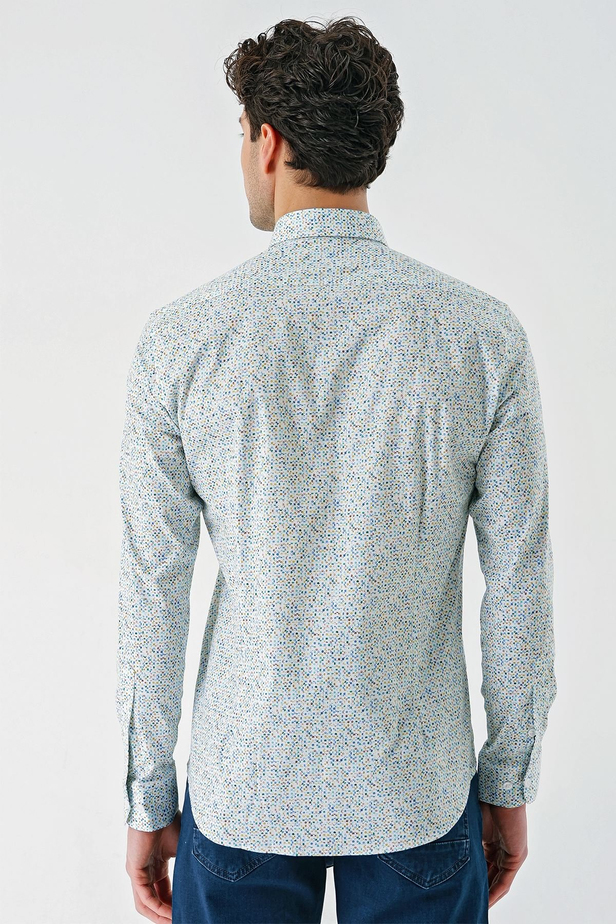 Beyaz Uzun Kollu Baskılı  Sert Yaka Cepsiz  Pamuklu Likralı Klasik Slim Fit Gömlek 1004240143