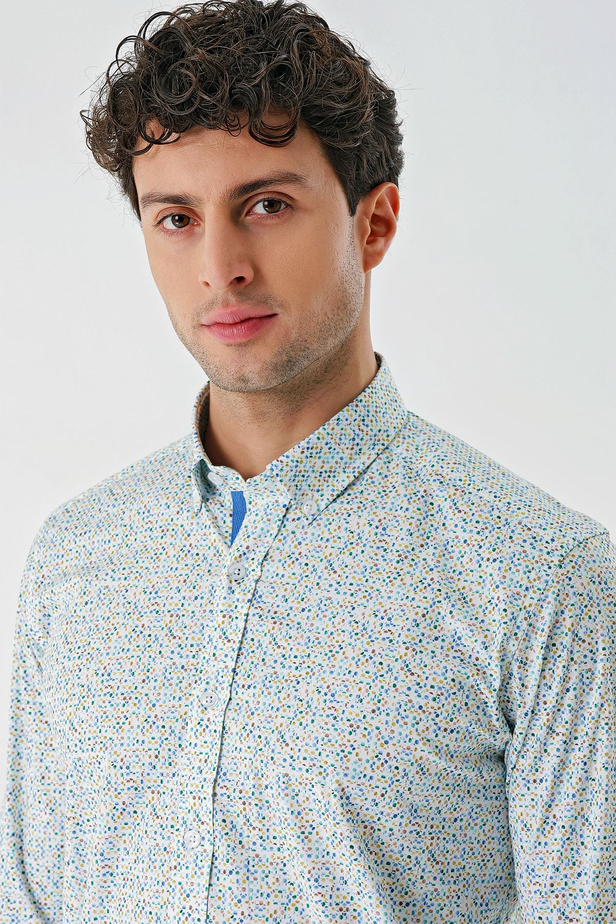 Beyaz Uzun Kollu Baskılı  Sert Yaka Cepsiz  Pamuklu Likralı Klasik Slim Fit Gömlek 1004240143