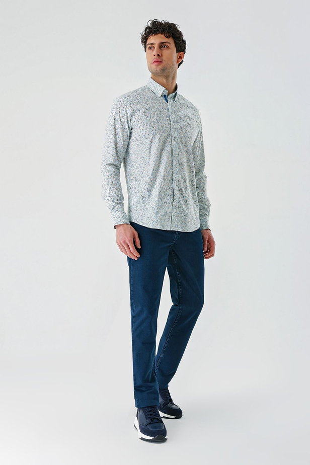 Beyaz Uzun Kollu Baskılı  Sert Yaka Cepsiz  Pamuklu Likralı Klasik Slim Fit Gömlek 1004240143