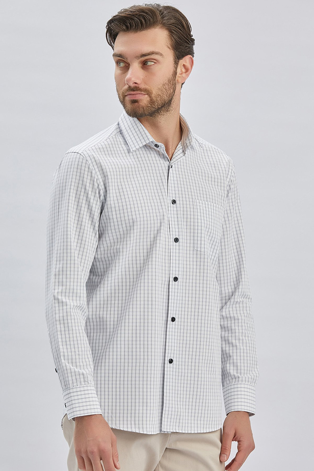 Beyaz Uzun Kollu Ekoseli Sert Yaka Cepli Pamuklu Klasik Comfort Fit Rahat Kesim Gömlek 1004240223