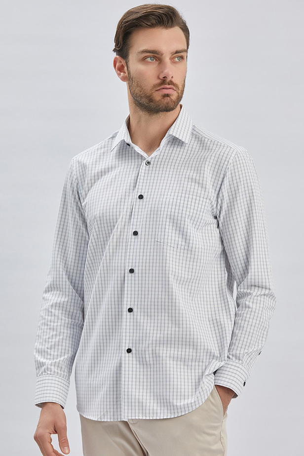 Beyaz Uzun Kollu Ekoseli Sert Yaka Cepli Pamuklu Klasik Comfort Fit Rahat Kesim Gömlek 1004240223