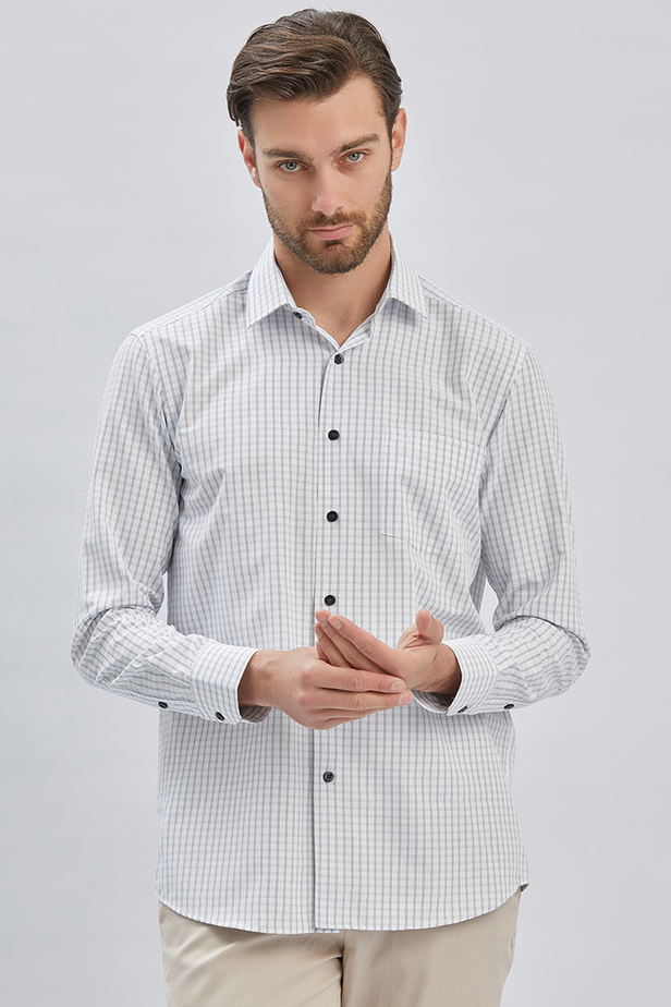 Beyaz Uzun Kollu Ekoseli Sert Yaka Cepli Pamuklu Klasik Comfort Fit Rahat Kesim Gömlek 1004240223