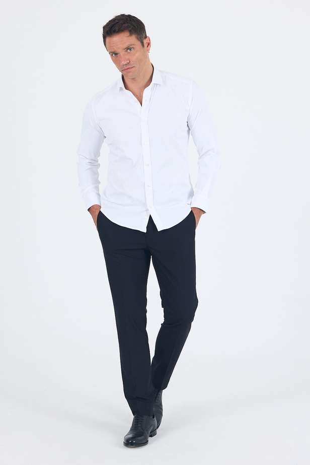 Beyaz Yarım İtalyan Yaka Cepsiz Gabardin Uzun Kol Slim Fit Esnek Gömlek 1004250235