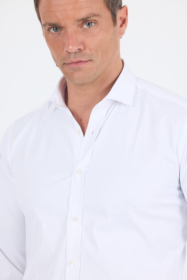 Beyaz Yarım İtalyan Yaka Cepsiz Gabardin Uzun Kol Slim Fit Esnek Gömlek 1004250235