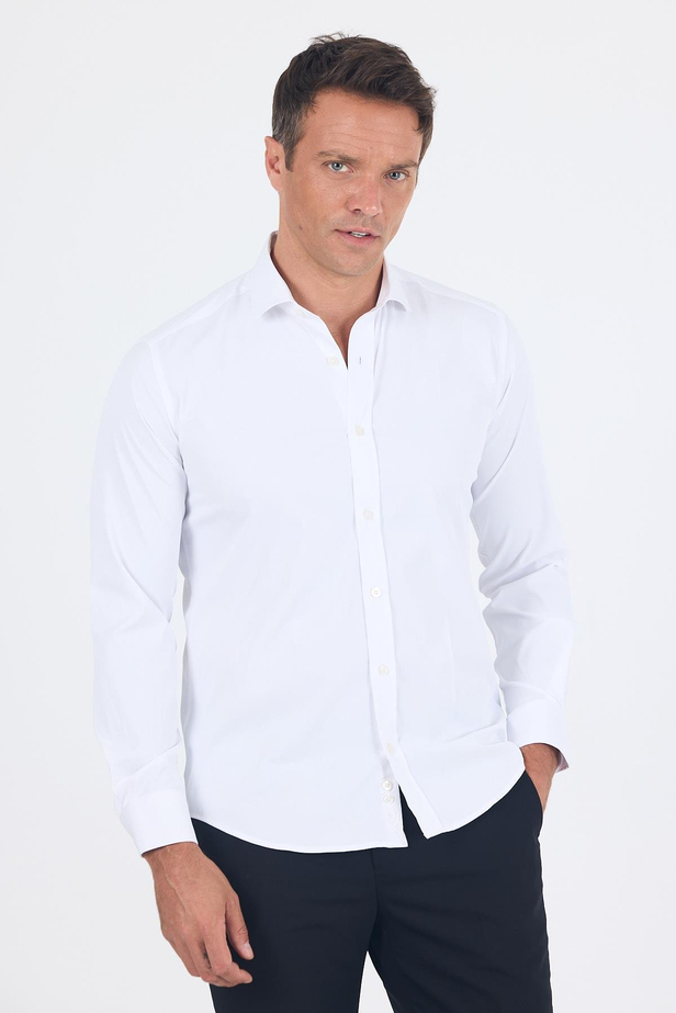 Beyaz Yarım İtalyan Yaka Cepsiz Gabardin Uzun Kol Slim Fit Esnek Gömlek 1004250235