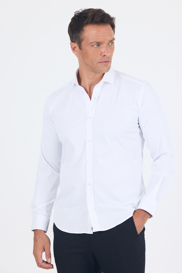 Beyaz Yarım İtalyan Yaka Cepsiz Gabardin Uzun Kol Slim Fit Esnek Gömlek 1004250235