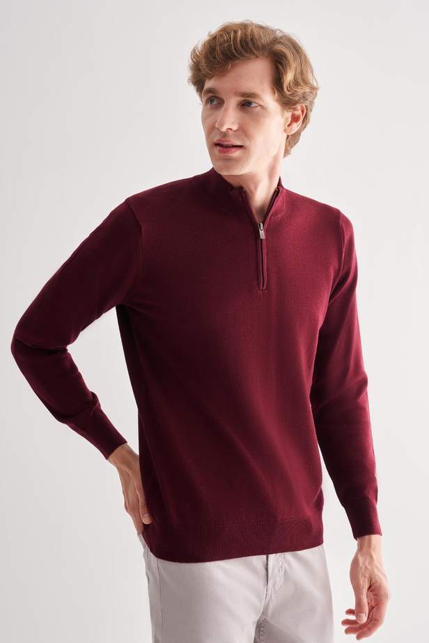 Bordo Fermuarlı Dik Yaka Uzun Kol Cepsiz Comfort Fit Classic Pamuklu Triko Kazak 1012255201