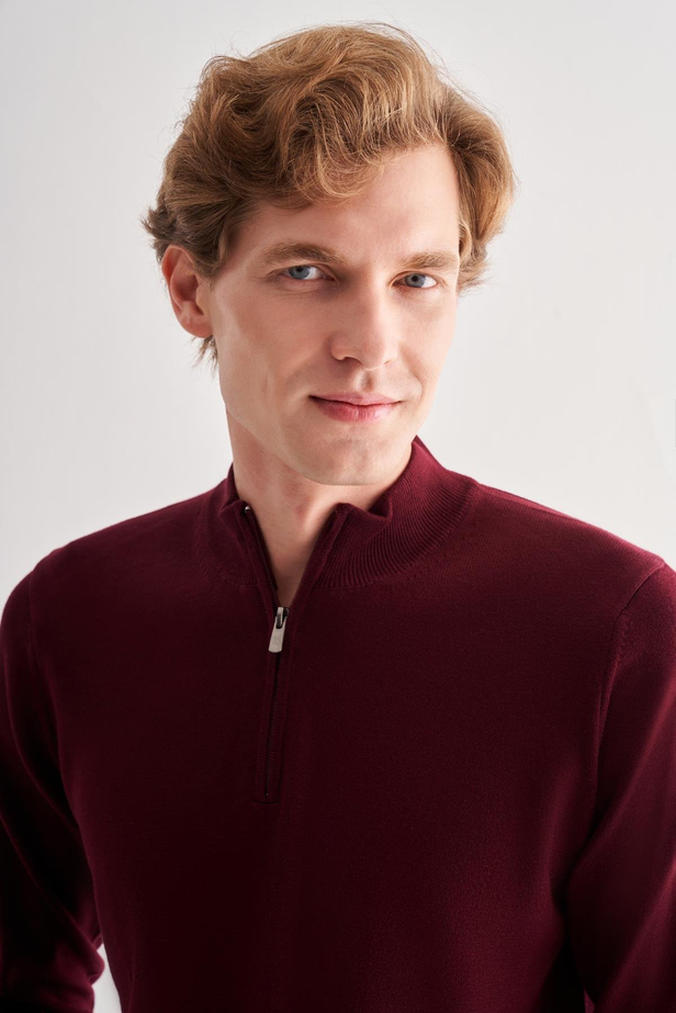 Bordo Fermuarlı Dik Yaka Uzun Kol Cepsiz Comfort Fit Classic Pamuklu Triko Kazak 1012255201