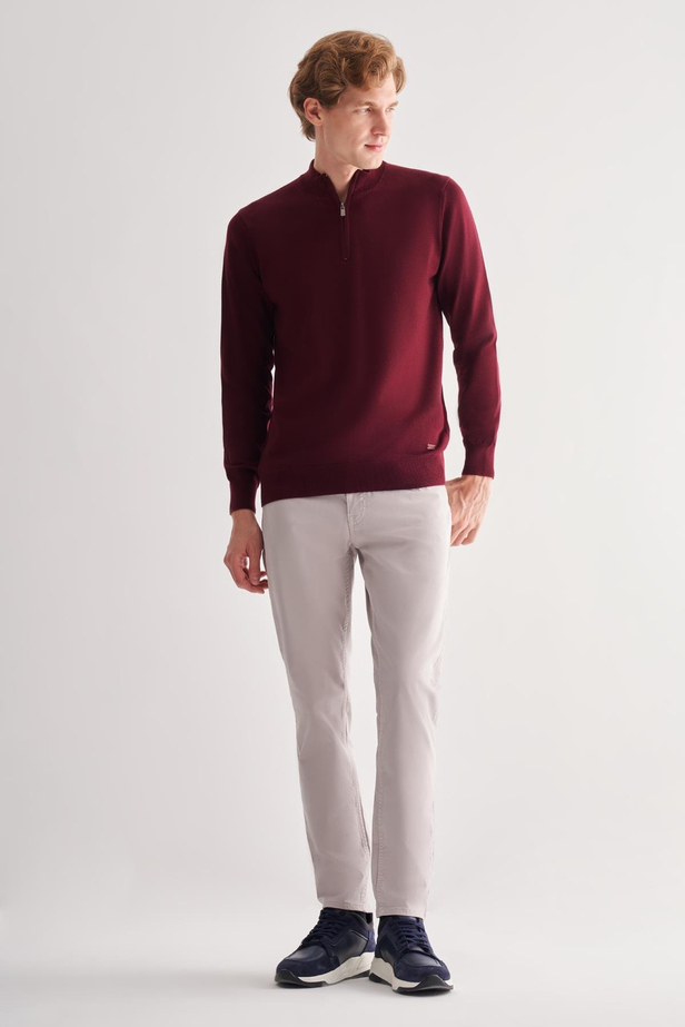 Bordo Fermuarlı Dik Yaka Uzun Kol Cepsiz Comfort Fit Classic Pamuklu Triko Kazak 1012255201