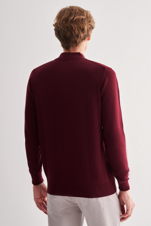 Bordo Fermuarlı Dik Yaka Uzun Kol Cepsiz Comfort Fit Classic Pamuklu Triko Kazak 1012255201