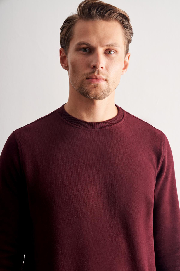 Bordo Uzun Kol Bisiklet Yaka Düz Pamuklu Comfort Fit Sweatshirt 1013255150